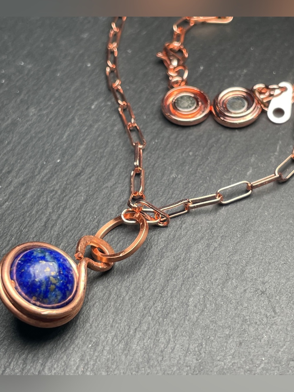 Pendant Copper Paper Clip Chain Necklace with Blue Lapis Artisan Wrap Stone - Picture 3 of 3